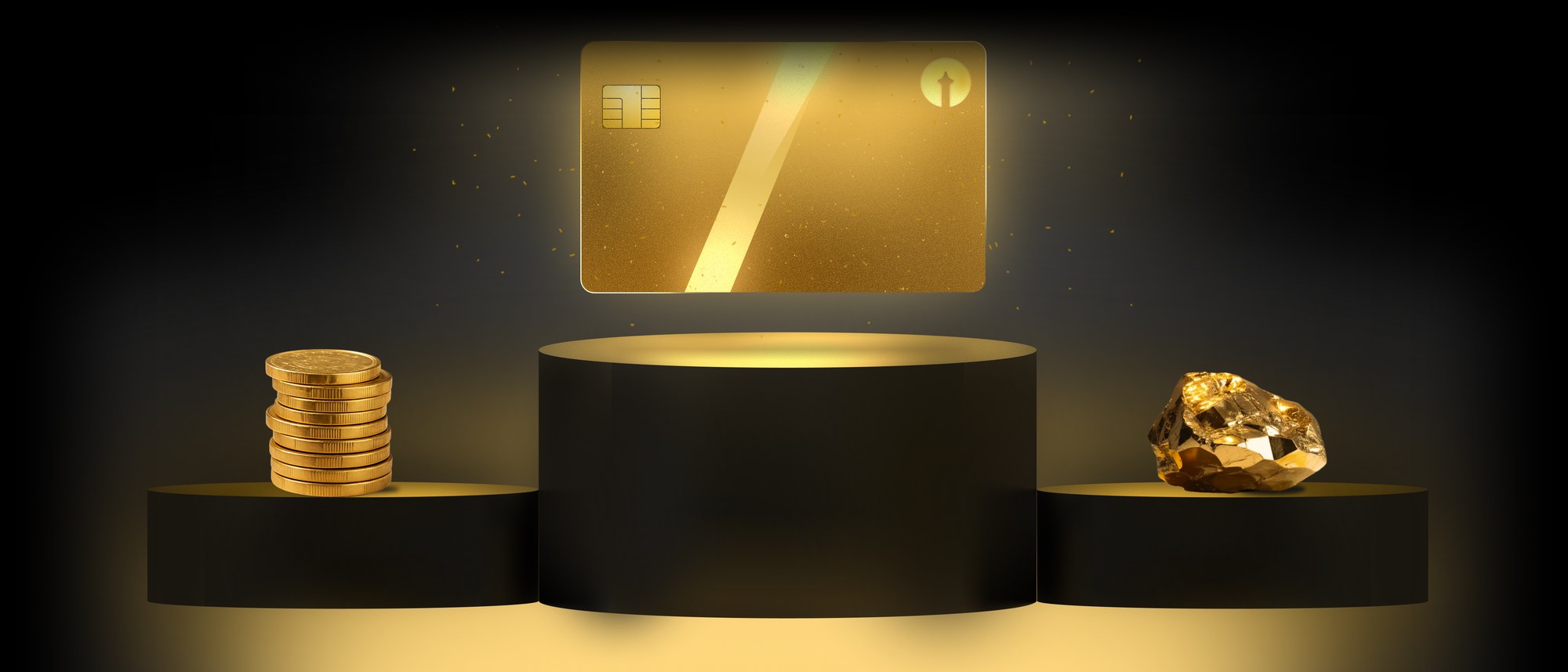 A gold Flux card floating above a black podium, flanked by a stack of coins and a gold nugget